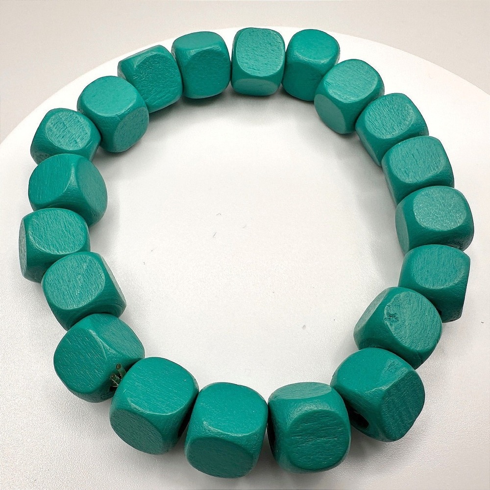 Vintage 90s Greenโ Wooden Cube Bead Stretch Bracelet Boho Handmade Jewelry Retro